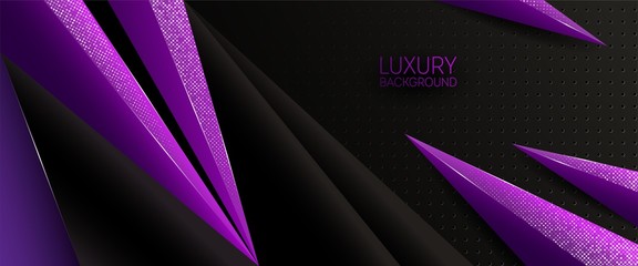 Modern dark luxury abstract background with purple shining triangles. Horisontal ads banner template