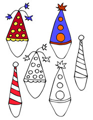 Set of isolated party hat or cone hat with confetti. Accessory for celebrating a birthday or anniversary.