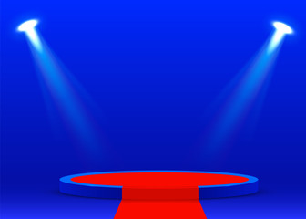 Abstract round podium illuminated with spotlight. Award ceremony concept. Stage backdrop.