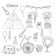 Circus accessories and animals, clown and circus tent.