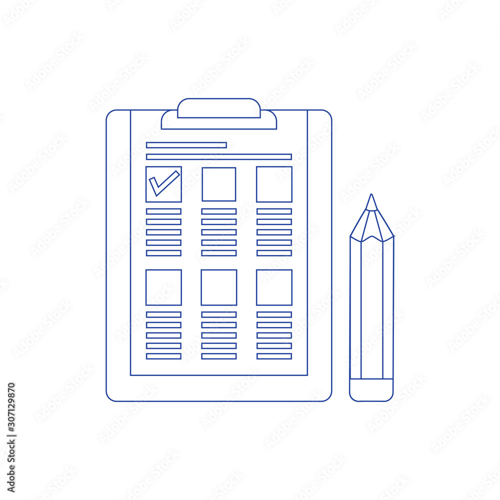 Poster checklist paper on clipboard and pencil isometric element vector illustration. concept of line icon