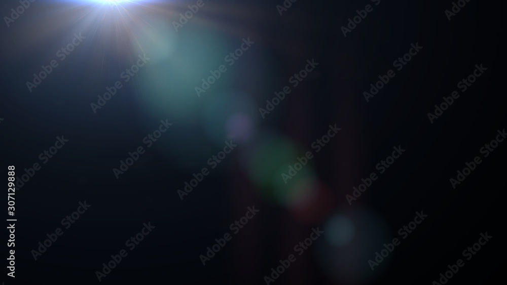 Poster blue and mainly off screen lens flare effect overlay texture with bokeh in front of a black backgrou