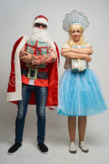 Santa Claus and snow maiden, thanksgiving, Christmas and New year, red yellow blue balls,