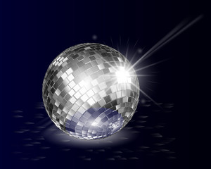 Disco ball abstract background. Silver disco ball on floor shine in dark.