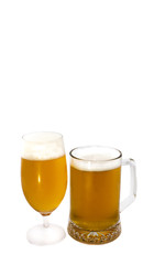 A mug and a glass of light beer on a white background