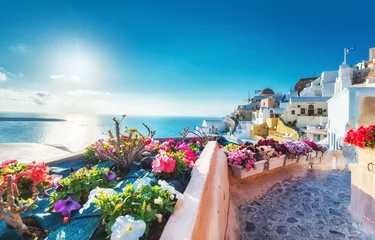 Zelfklevend Fotobehang Santorini, Greece. Picturesqe view of traditional cycladic Santorini houses on small street with flowers in foreground. Oia village, Santorini, Greece. Vacations background. © Feel good studio