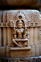 Column pedestal with devine female figure at Shri Mahaveer Jain Temple, Jaisalmer Fort, Jaisalmer, Rajasthan, India