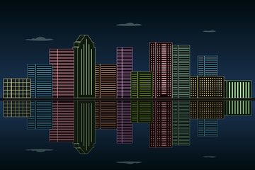 Reflection skyscrapers in water. Night urban skyline. Vector illustration.