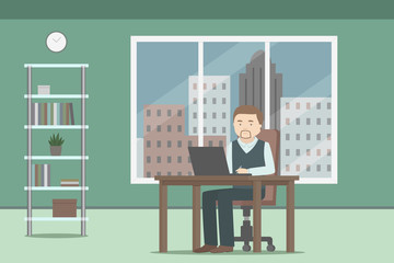 Manager working on laptop in office. Vector illustration.