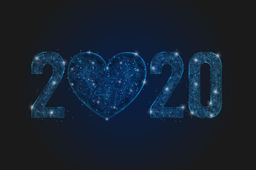 Abstract isolated blue image of  new year number 2020. Polygonal  low poly wireframe illustration looks like stars in the blask night sky in spase or flying glass shards. Digital web, internet design. © Katsiaryna