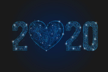 Abstract isolated blue image of  new year number 2020. Polygonal  low poly wireframe illustration looks like stars in the blask night sky in spase or flying glass shards. Digital web, internet design. © Katsiaryna