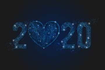 Abstract isolated blue image of  new year number 2020. Polygonal  low poly wireframe illustration looks like stars in the blask night sky in spase or flying glass shards. Digital web, internet design. © Katsiaryna