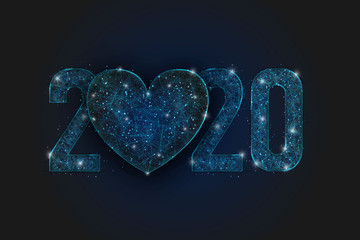 Abstract isolated blue image of  new year number 2020. Polygonal  low poly wireframe illustration looks like stars in the blask night sky in spase or flying glass shards. Digital web, internet design. © Katsiaryna