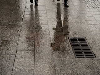 A pedestrian street wet after rain paved with natural gray stone with a reflection of the silhouettes of people walking along it.