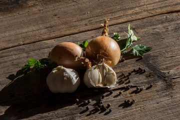 nion heads, heads of garlic and pepper