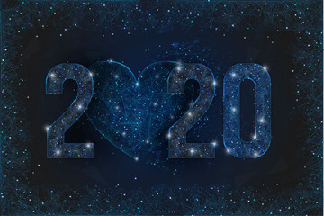 Abstract isolated blue image of  new year number 2020. Polygonal  low poly wireframe illustration looks like stars in the blask night sky in spase or flying glass shards. Digital web, internet design. © Katsiaryna