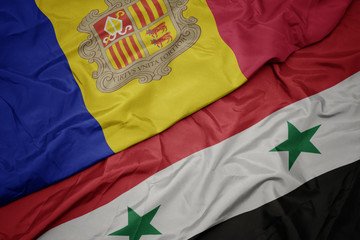 waving colorful flag of syria and national flag of andorra.