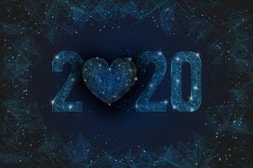 Abstract isolated blue image of  new year number 2020. Polygonal  low poly wireframe illustration looks like stars in the blask night sky in spase or flying glass shards. Digital web, internet design. © Katsiaryna