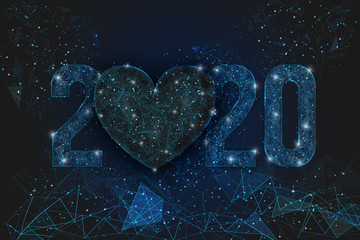 Abstract isolated blue image of  new year number 2020. Polygonal  low poly wireframe illustration looks like stars in the blask night sky in spase or flying glass shards. Digital web, internet design. © Katsiaryna