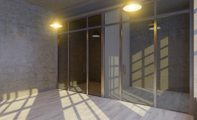 office space of an old building. glass partitions. retro windows. 3D rendering