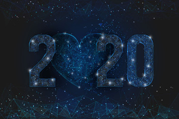 Abstract isolated blue image of  new year number 2020. Polygonal  low poly wireframe illustration looks like stars in the blask night sky in spase or flying glass shards. Digital web, internet design. © Katsiaryna