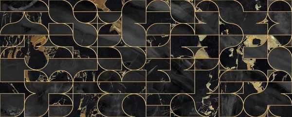 Wallpaper murals Gold abstract geometric Seamless pattern design with golden geometric lines, black marble surface, modern luxurious background