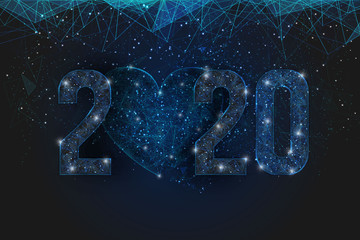 Abstract isolated blue image of  new year number 2020. Polygonal  low poly wireframe illustration looks like stars in the blask night sky in spase or flying glass shards. Digital web, internet design. © Katsiaryna