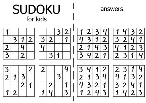 Sudoku puzzle for kids with answers. Simple number riddle for children. Black and white easy work sheet for newspapers.