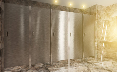 stainless steel doors in a public toilet. 3D rendering. Sunset