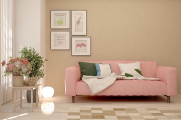 Colorful room with sofa. Scandinavian interior design. 3D illustration