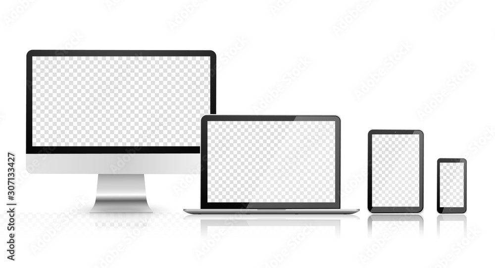Poster blank computer monitor, phone, tablet and laptop. device set with empty screen. realistic set of mon
