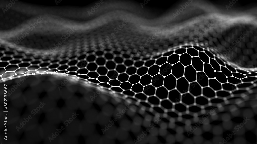 Poster Wave with the connection of points and lines on a polygonal dark background. Futuristic abstract mesh.