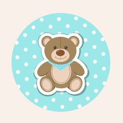 Cartoon teddy bear on polka dot background. Newborn, baby shower, birthday greeting card. Vector illustration
