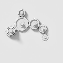 White gears and cogs working together on white background with copy space; concept of mechanism moved by an idea 3d rendering, 3d illustration