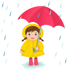 Cute girl in a yellow cloak with red umbrella standing under the rain drops. Vector illustration in cartoon style