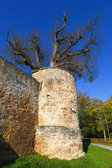 Outer wall with corner tower of medieval fortress called 'Burg Steinsberg' in German city Sinsheim 