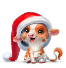 calf in a hat of Santa Claus, isolated on a white background