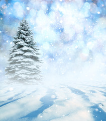 Christmas landscape with snow and fir trees.