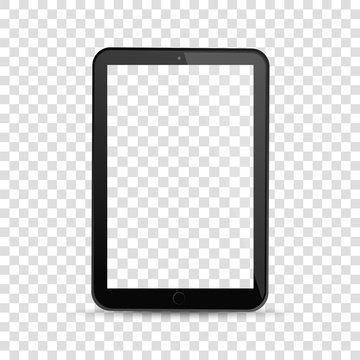 Tablet computer with white blank screen display. Realistic black digital device mockup. Equipment vector concept on transparent background