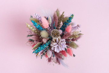 Trendly beautiful flowers bouquet pink and lilac colored wiht dried plants, flower, grass. Handmade...