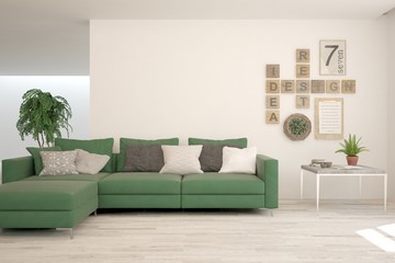 Stylish room in white color with sofa. Scandinavian interior design. 3D illustration