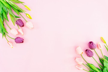 Valentine's Day composition. Tulip flowers on pink background. Valentine's day, Mother's day concept. Flat lay, top view, copy space