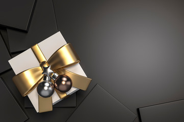 Black gift box with gold ribbon with Metallic christmas ball Ornaments on dark background 3d rendering. 3d illustration minimal style, celebration christmas and happy new year sale concept.