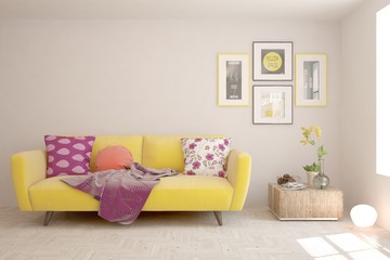 Stylish room in white color with sofa. Scandinavian interior design. 3D illustration