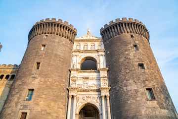Fototapeta na wymiar The medieval castle of Maschio Angioino or Castel Nuovo (New Castle), Naples, Italy. History.