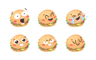 Cartoon drawing set of fast food emoji. Hand drawn emotional meal.Actual Vector illustration american cuisine. Creative ink art work burger