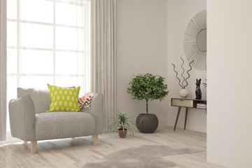 Stylish room in white color with armchair. Scandinavian interior design. 3D illustration