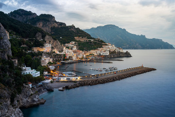 Amalfi cityscape on coast of mediterranean sea in the morning, Italy.
