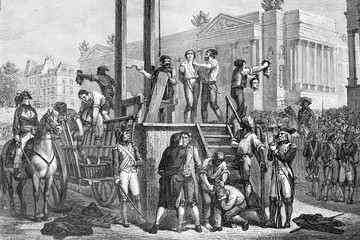 Execution by guillotine of Maximilien Robespierre (born 1758, died 1794), and Louis Antoine de Saint-Just (born 1767, died 1794) French politicians during the French revolution. Antique illustration. 