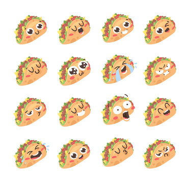 Cartoon drawing set of fast food emoji. Hand drawn emotional meal.Actual Vector illustration american cuisine. Creative ink art work mexican tacos